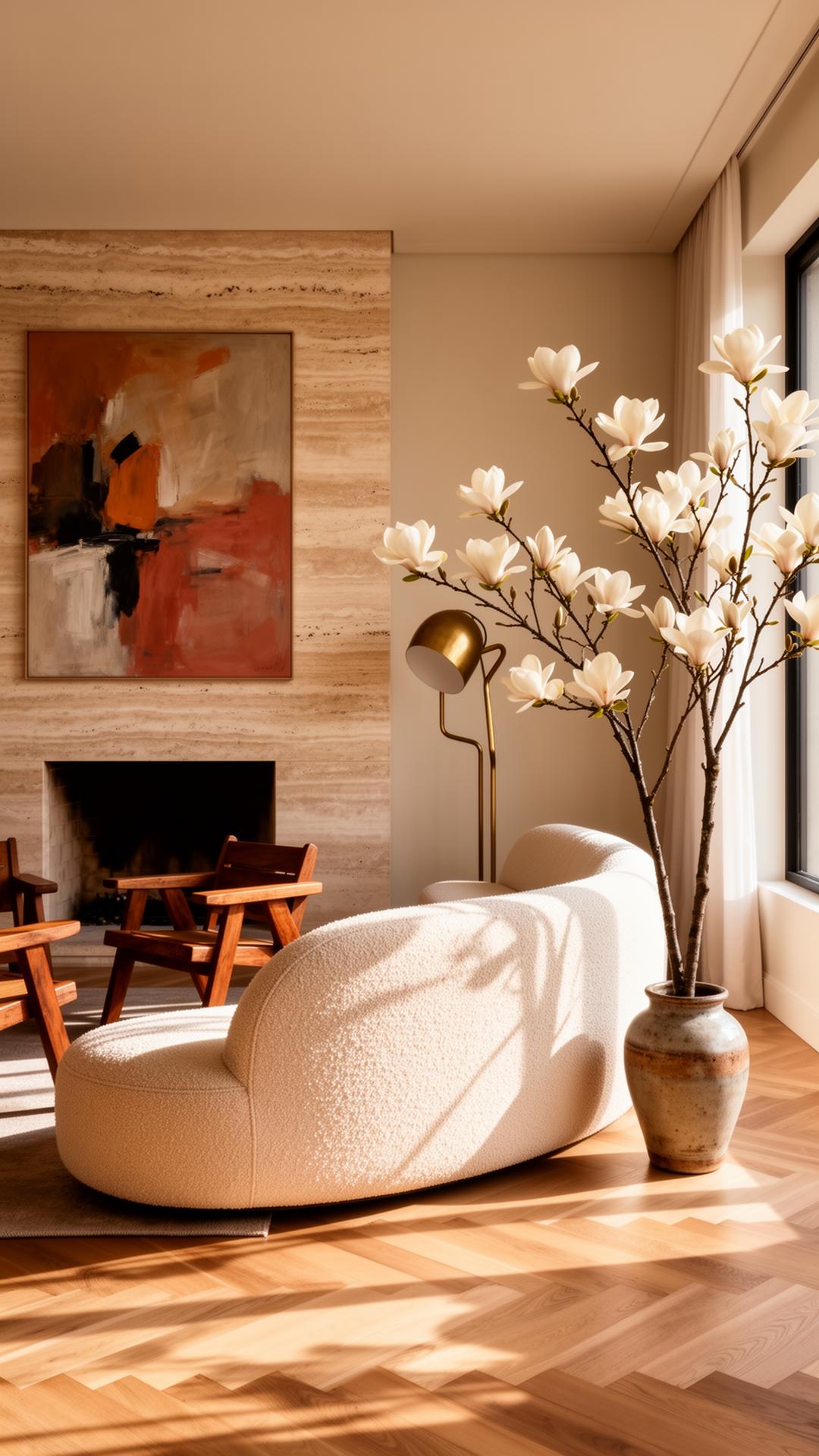 Editorial interior with travertine fireplace and boucle sofa