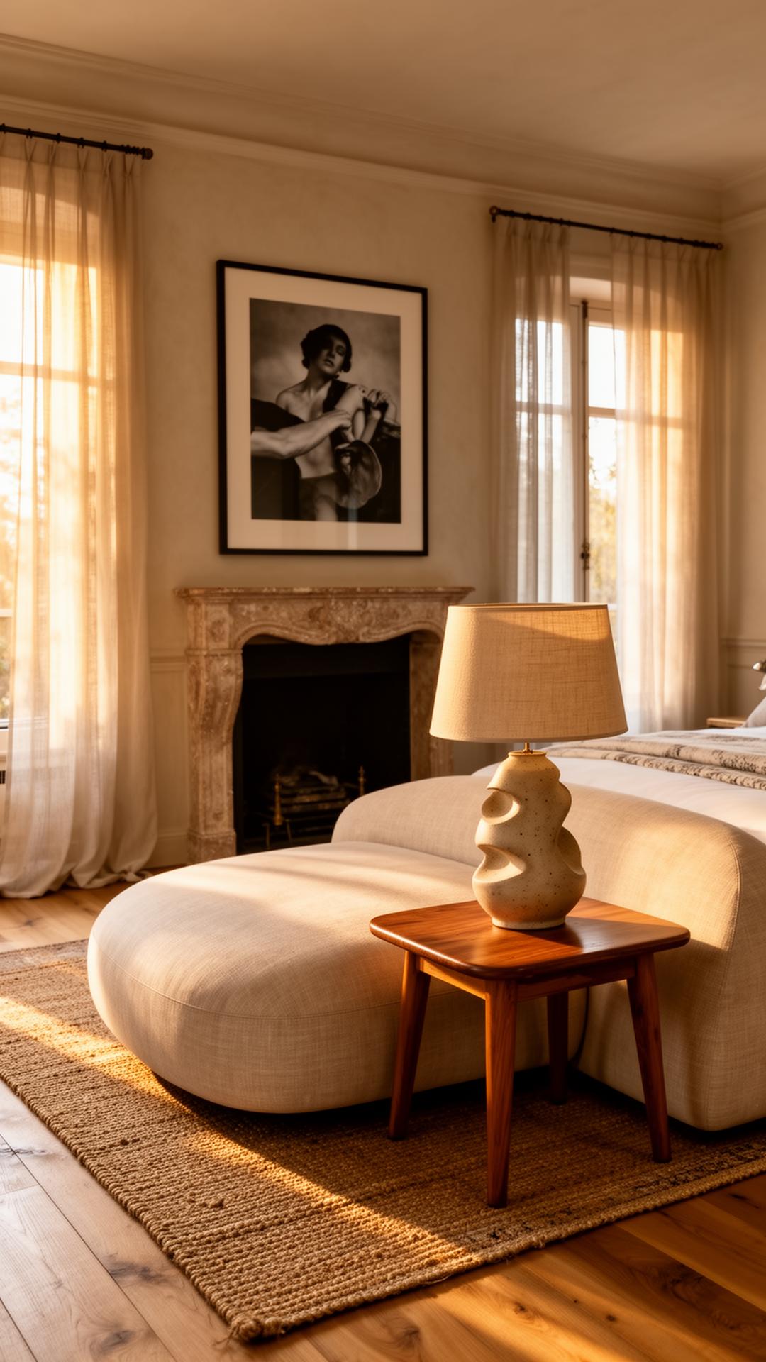 High-end residential interior with antique limestone fireplace and curved linen sofa