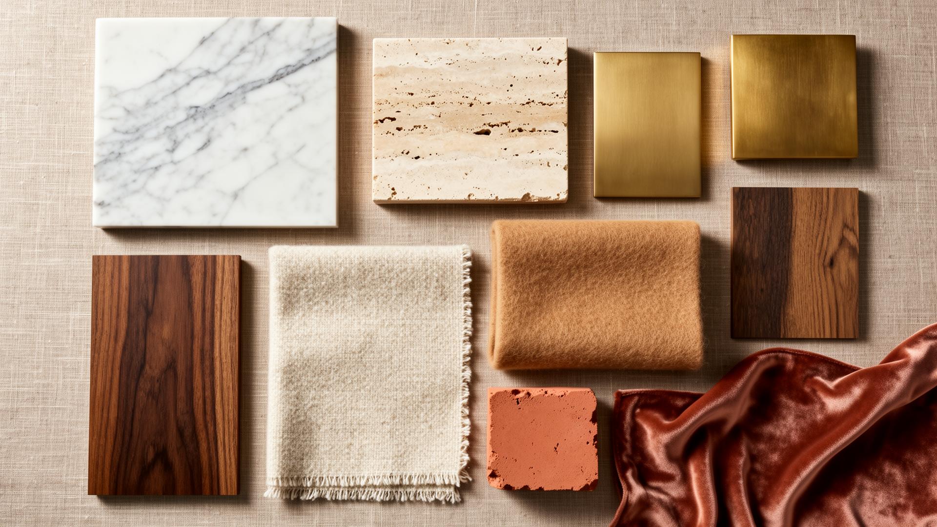 Material palette of marble, travertine, brass, walnut, linen, and velvet